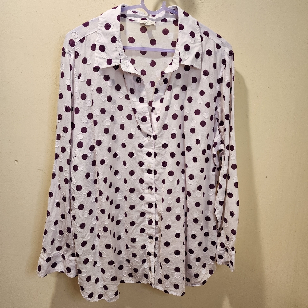 Polka Dot Button-Up Blouse - White with Dark Purple Dots